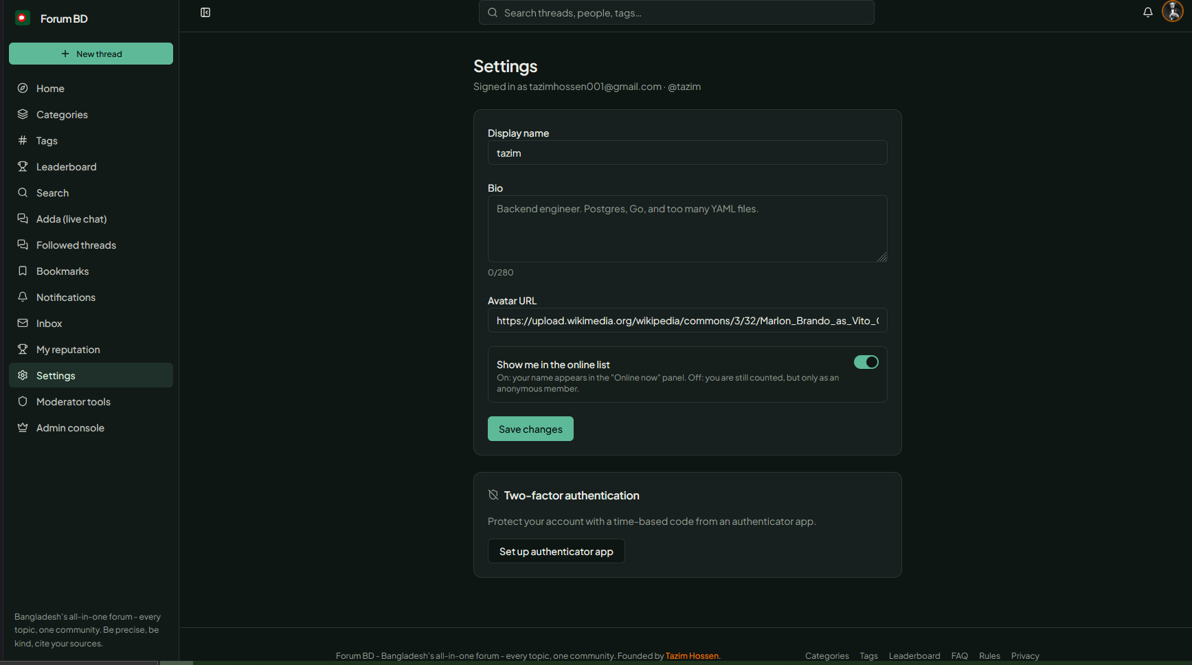 Forum BD member settings