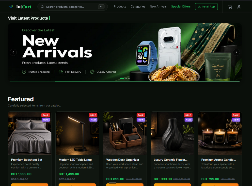 IntCart Home Page Showcasing Digital Products