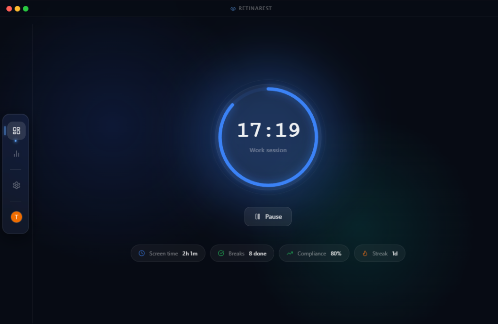 RetinaRest Timer showing work session countdown