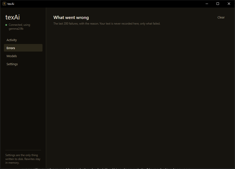 texAi dashboard errors tab