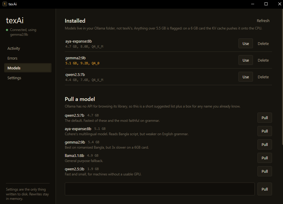 texAi installed models list