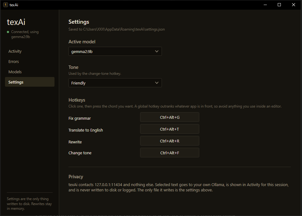 texAi settings with hotkeys and privacy statement